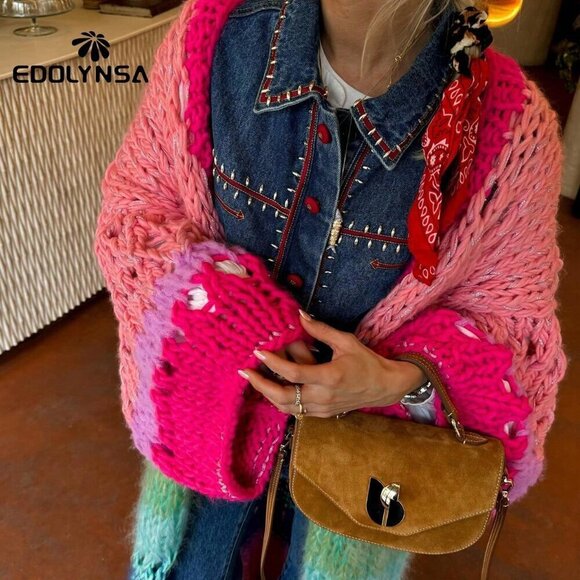 Pink Casual Women's Handknitted Boho Colorful Coat Bell Sleeve Crochet Kimono - Picture 5 of 6